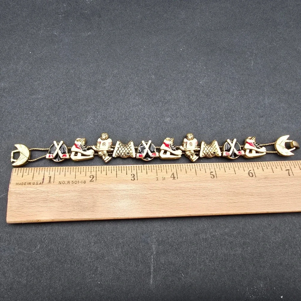 Vintage Gold Tone Ice Hockey Charm Bracelet Enamel Skates Player Net 7.25 Inch